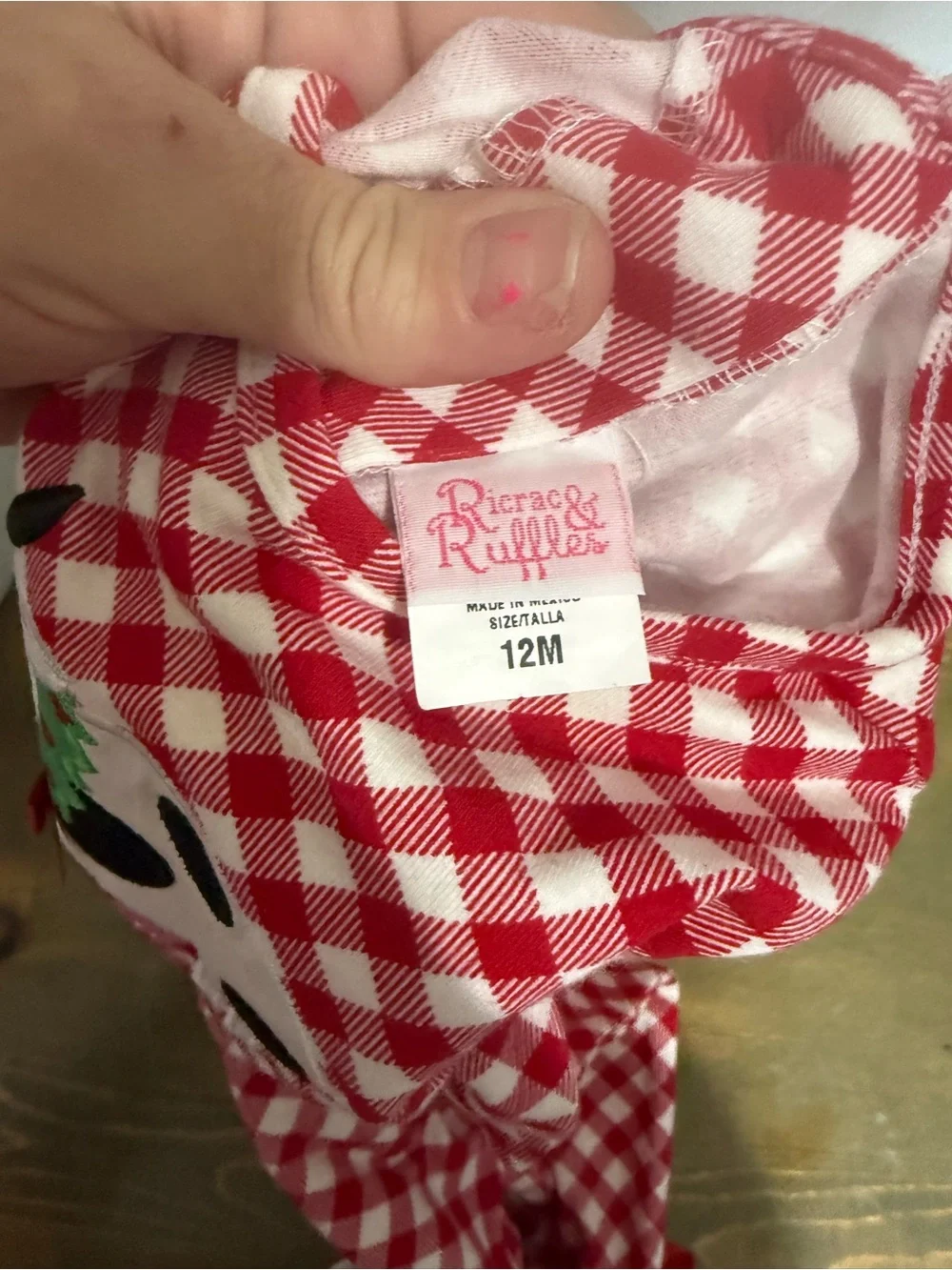 Kids Red Gingham romper with Green Polka Dot Ruffle ricrac and ruffles size 12 M